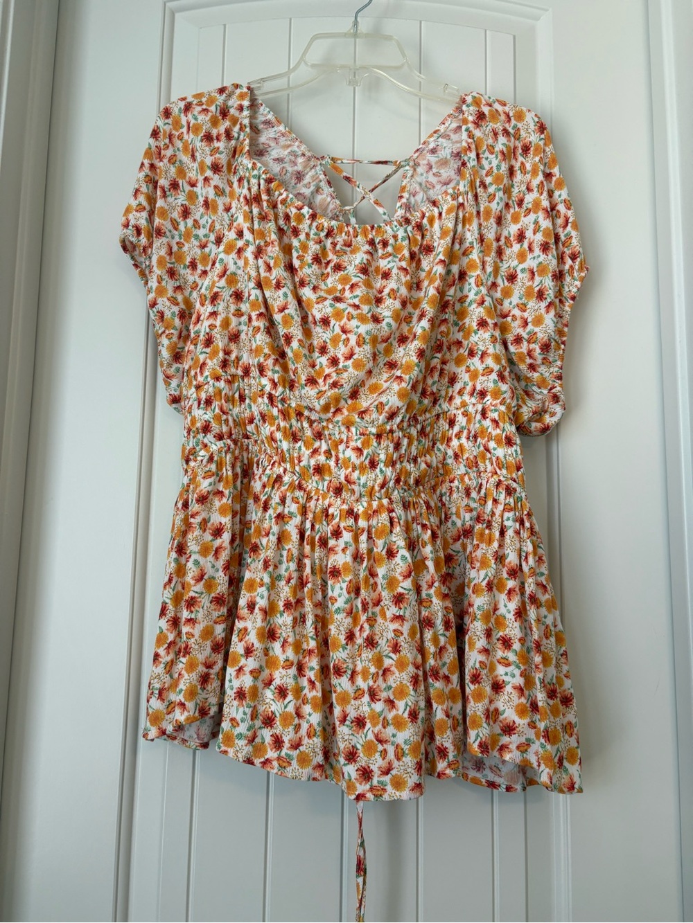 Torrid White Floral Print Peplum Top with Orange & Green Accents